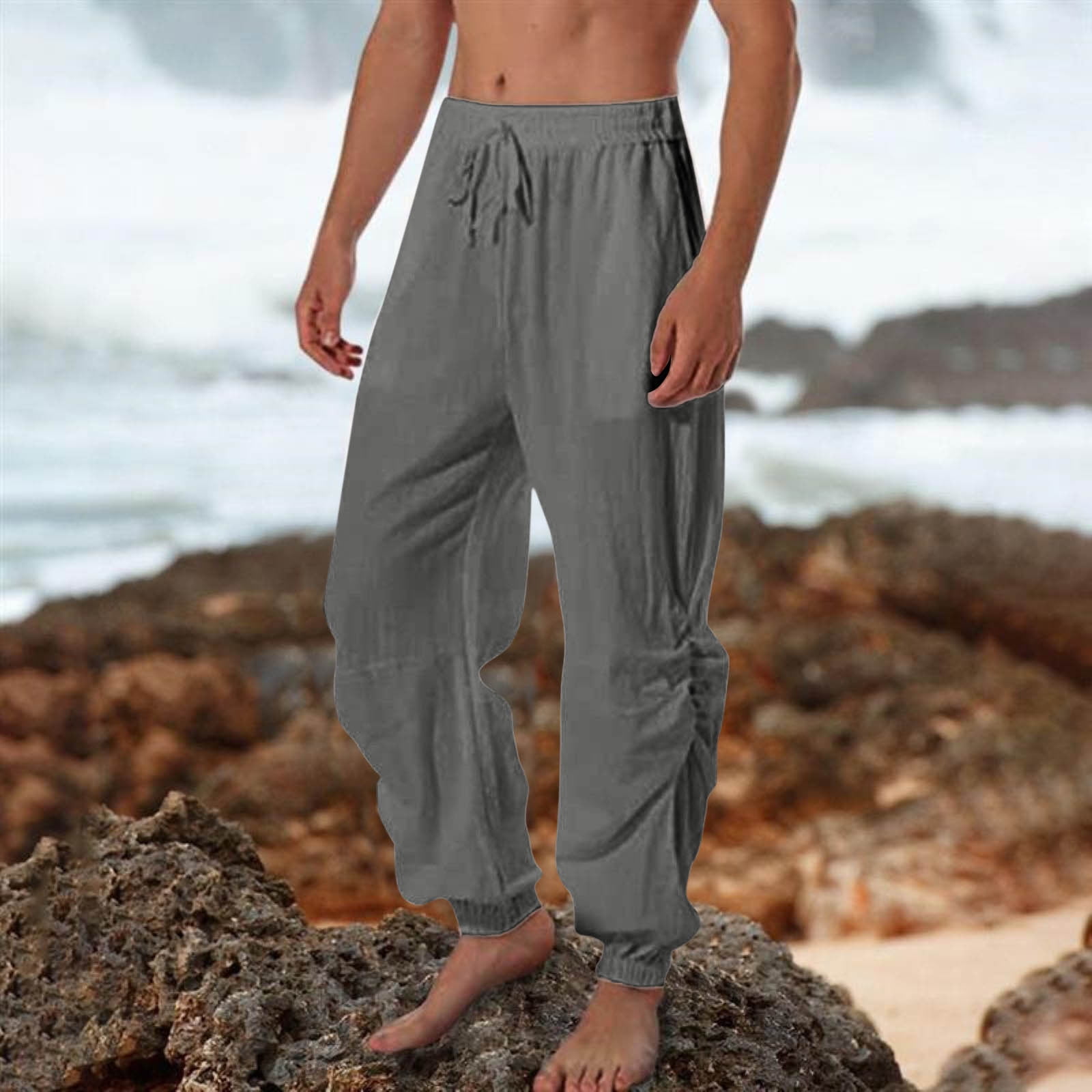 WZIKAI Mens Cotton Linen Pants,Elastic Waist Loose Fit Drawstring Summer Beach  Pants for Men Jogger Yoga Trousers Gray-b X-Large